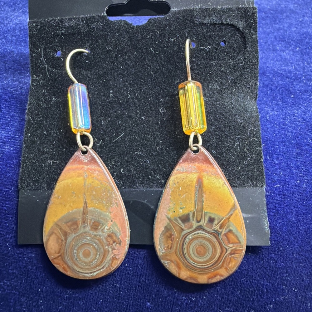 Handcrafted Copper 2 inch Long Teardrop Flame Painted Pierced Dangle Earrings